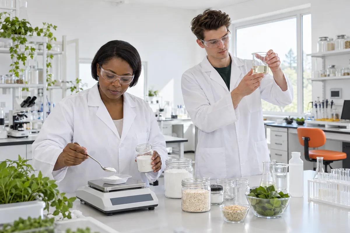 A scientist spooning powder onto a lab balance while a colleague swirls liquid in a glass beaker, an orange stool at the bench