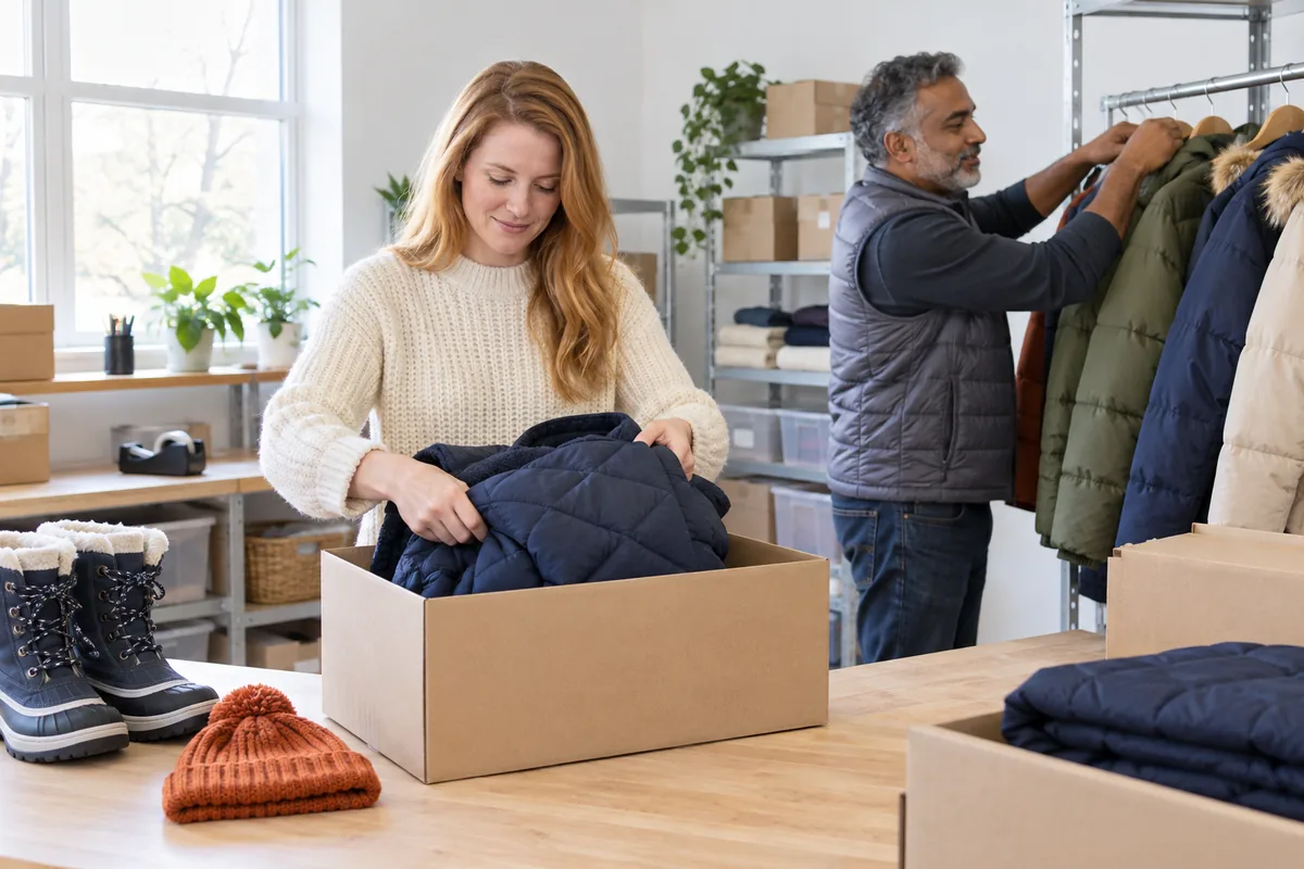 A woman folding a quilted parka into a plain box beside an orange beanie and snow boots while a man hangs jackets on a rail