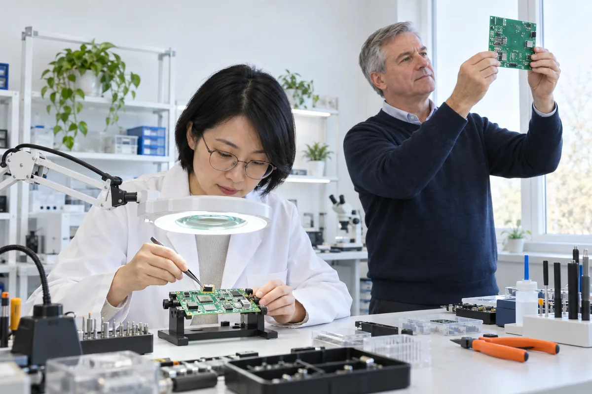 A woman in a lab coat placing a small sensor on a circuit board with tweezers while a man inspects a second board in a bright lab