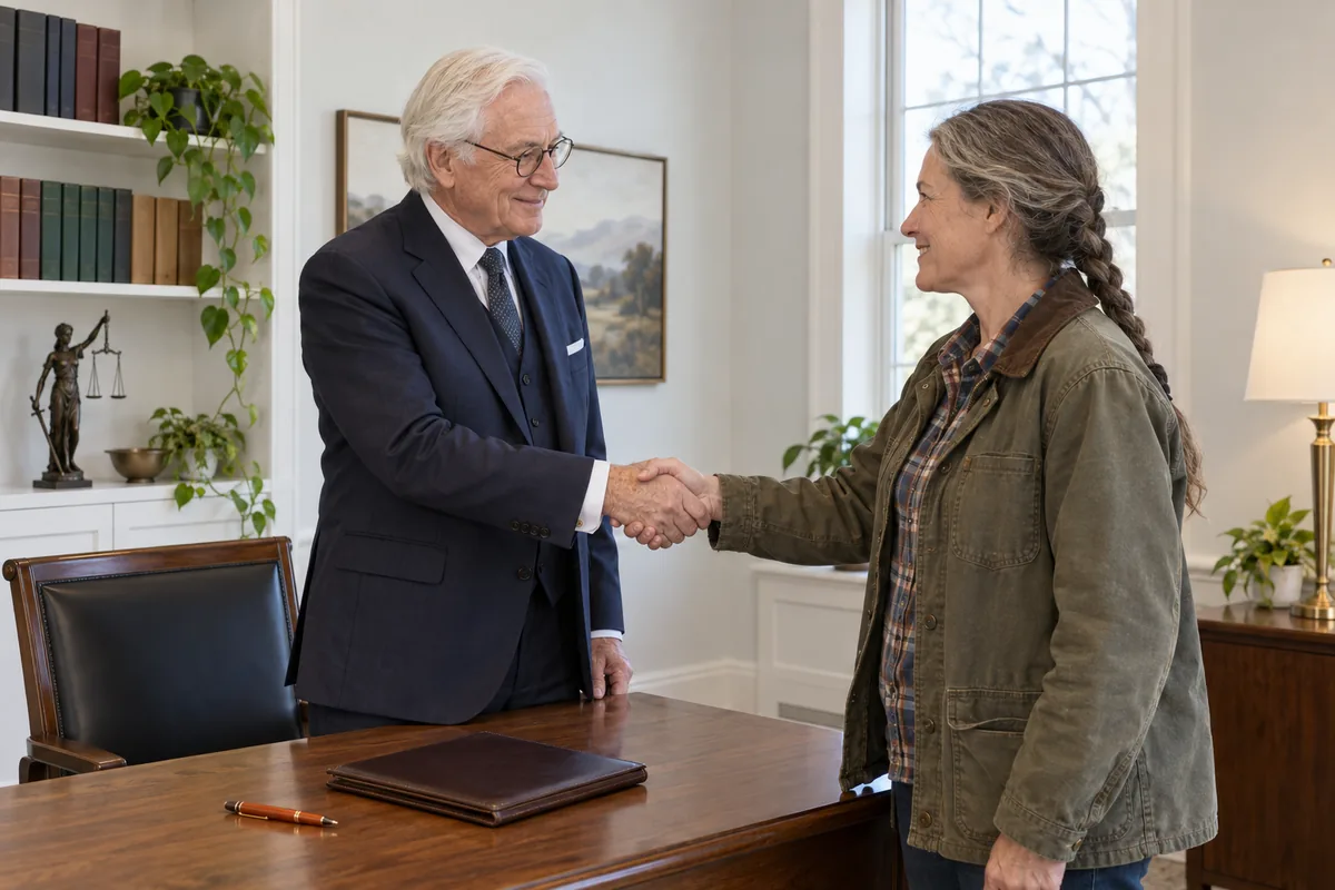 A lawyer in a navy suit shaking hands across a desk with a woman in a plaid shirt and work jacket in a small bright law office