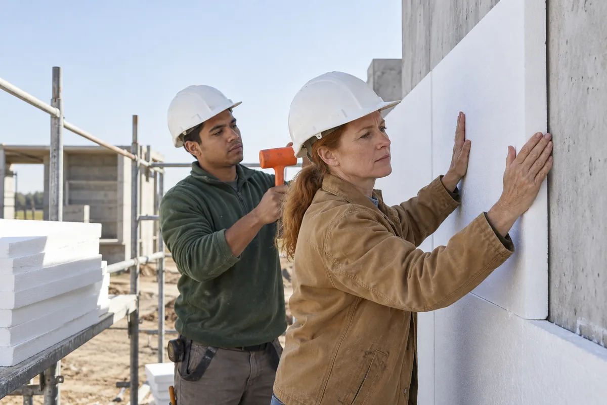 Two builders in white hard hats fitting a foam insulation board to a concrete wall, one pressing it flat and one holding an orange rubber mallet