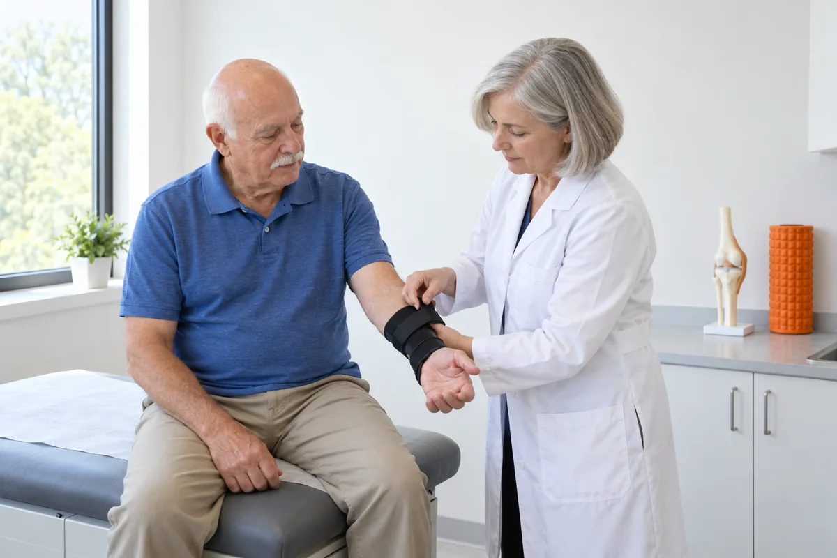 A doctor in a white coat fastening a wrist brace on an older man sitting on an exam table in a bright clinic room