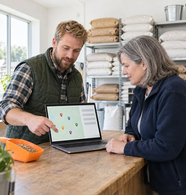 A man in a green vest showing a woman a laptop with a pale map and coloured pins at the counter of a farm supply shop