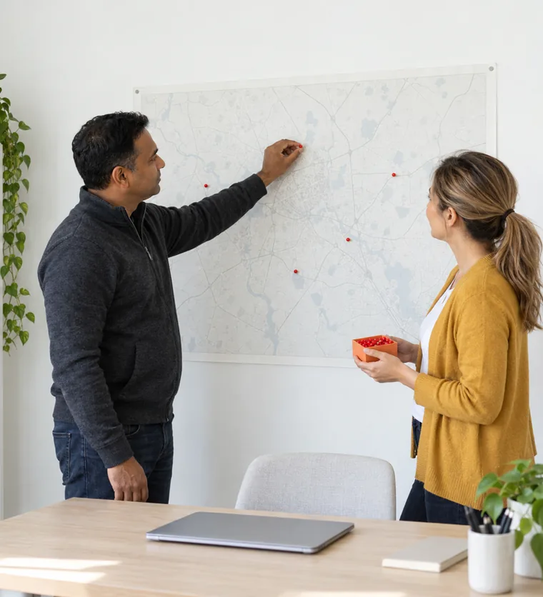 A man pressing a red pin into a pale wall map while a woman beside him holds a small orange box of pins in a bright office