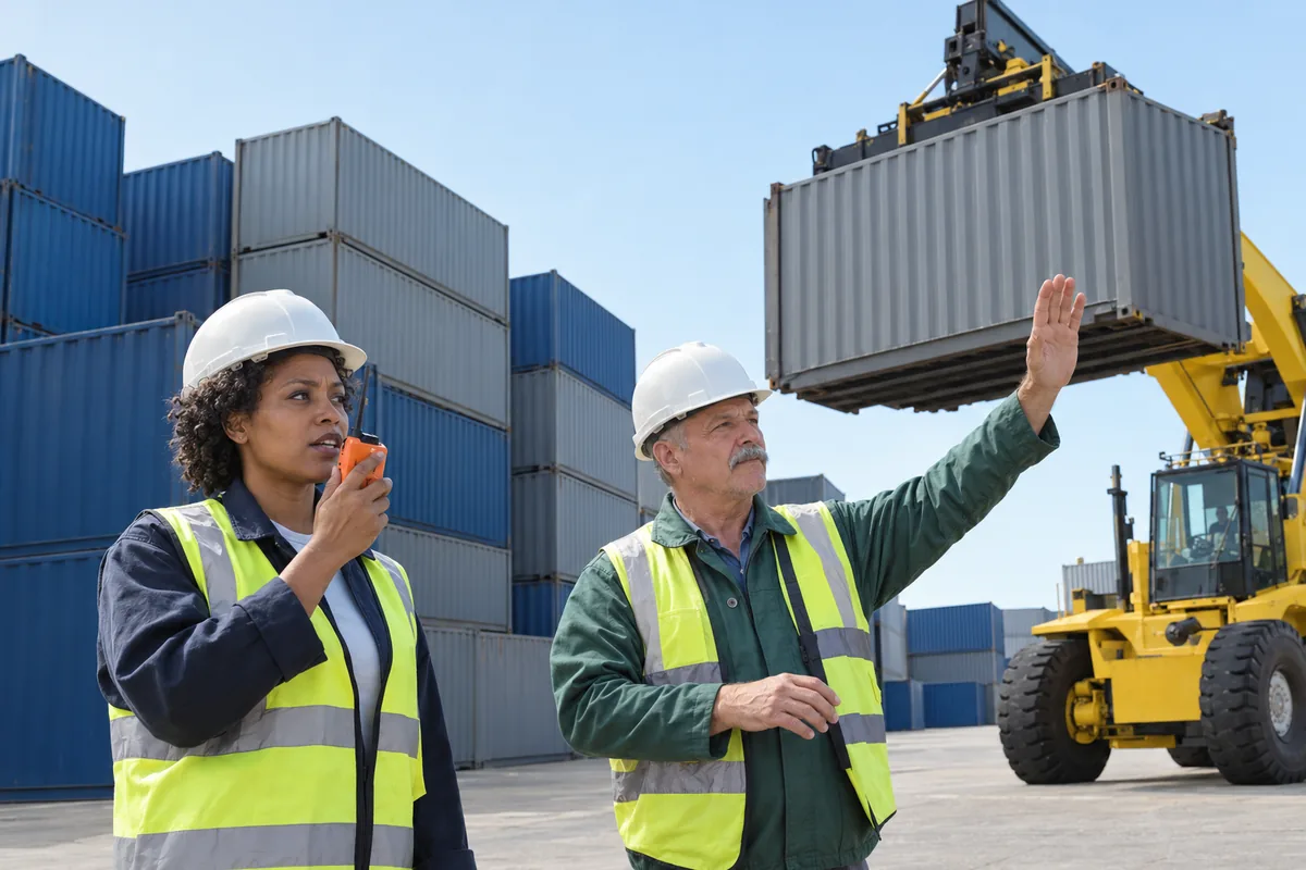 Two dock workers in white hard hats among plain shipping containers, one speaking into an orange radio and one directing a lifting machine