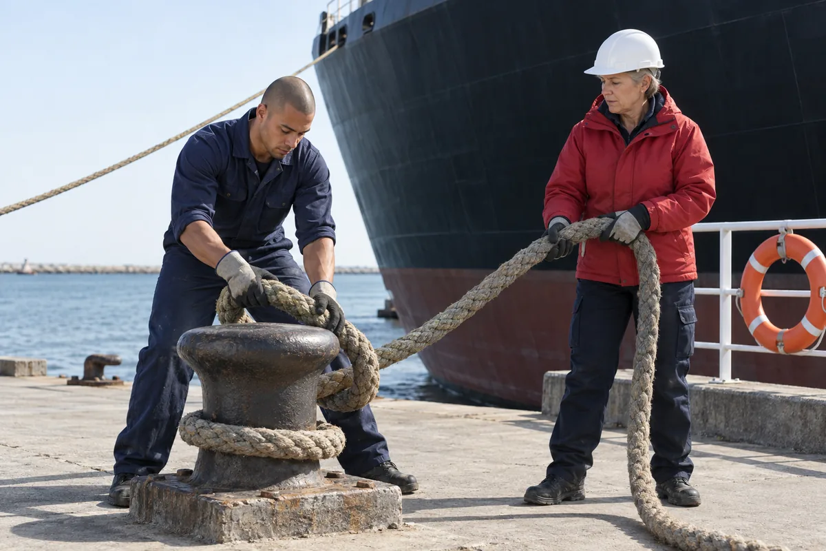 Two port workers looping a thick mooring rope over a steel bollard on a quay beside the plain hull of a cargo ship, an orange life ring nearby