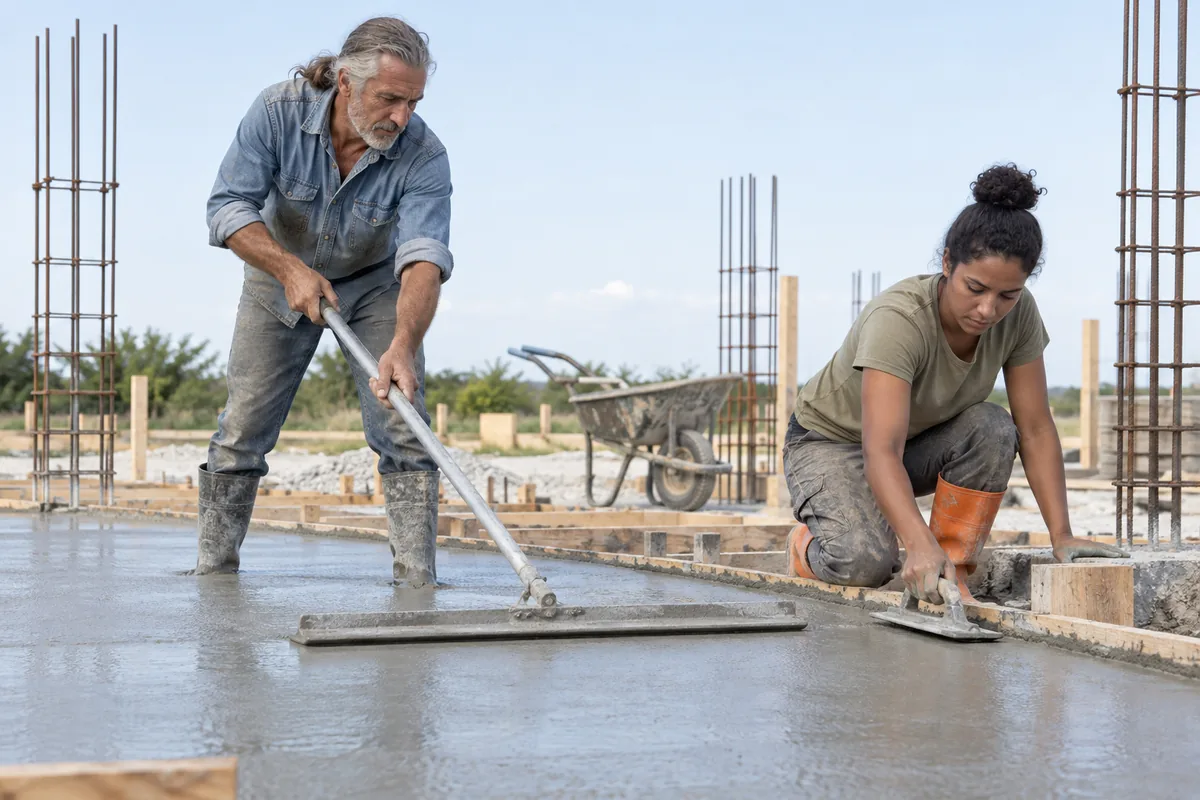 Two workers smoothing a freshly poured concrete slab, a man with a long float and a kneeling woman with a hand trowel in orange rubber boots