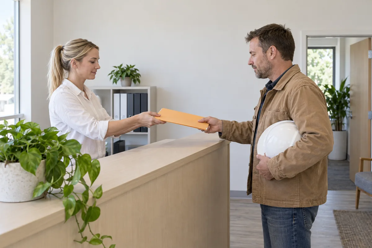 A woman with a blonde ponytail in a white shirt hands an orange folder across a reception counter to a man in a tan work jacket who holds a white hard hat under his arm