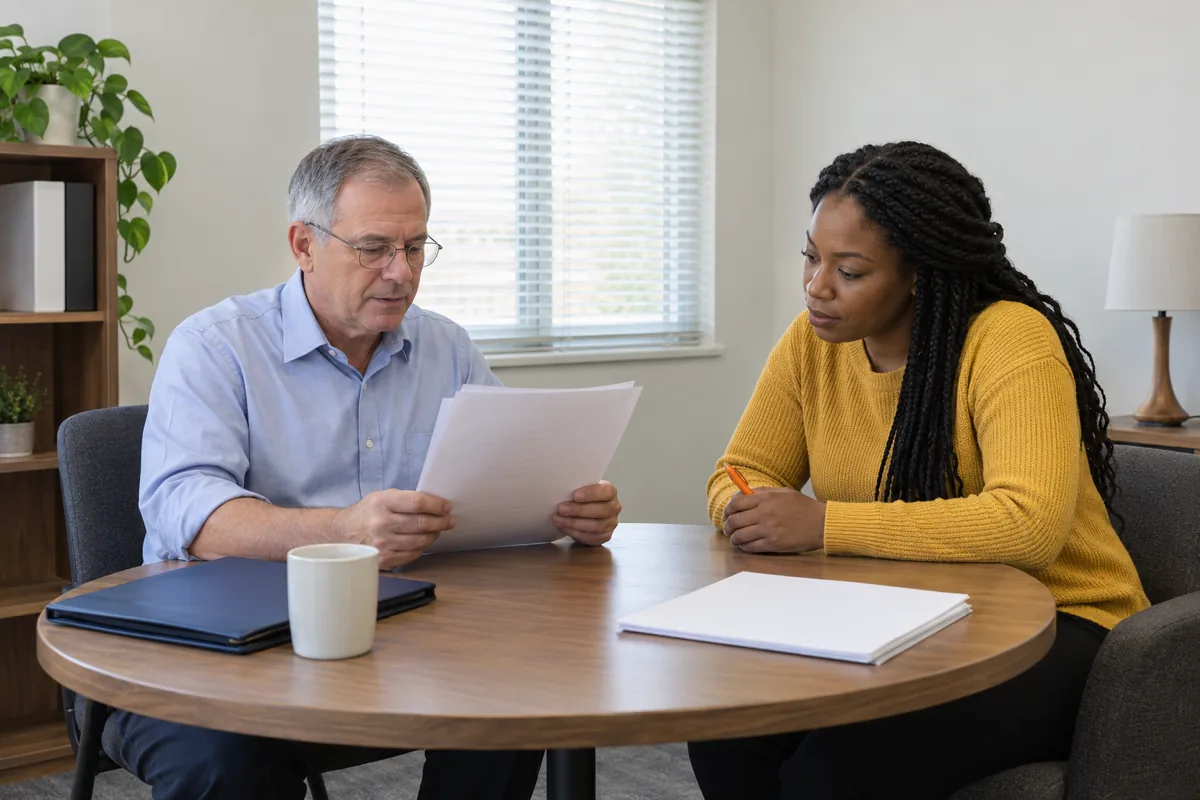 A man with gray hair and glasses in a light blue shirt holds sheets of paper at a round wooden table while a woman with long braids in a mustard sweater sits opposite holding an orange pen