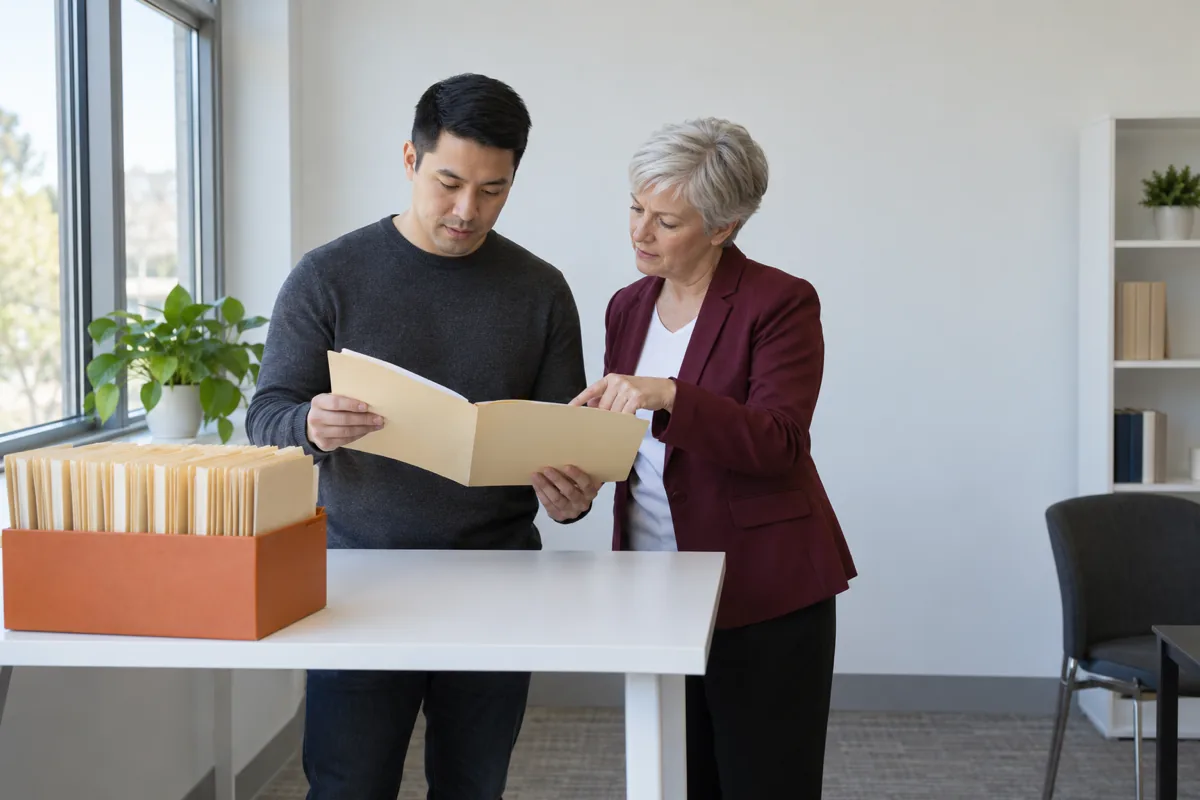 A man in a charcoal sweater holds an open manila file while a silver-haired woman in a burgundy blazer points at it, beside an orange box of paper files on a white table