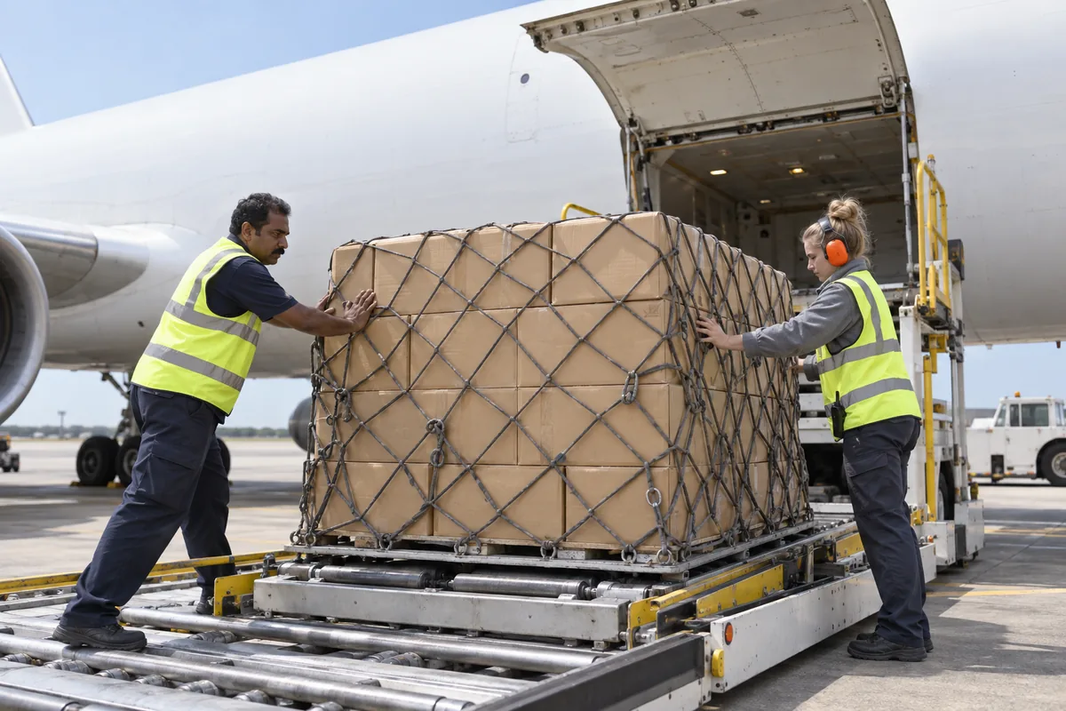 Two ground handlers pushing a netted pallet of plain boxes toward the open cargo door of a plain white aircraft, one in orange ear defenders