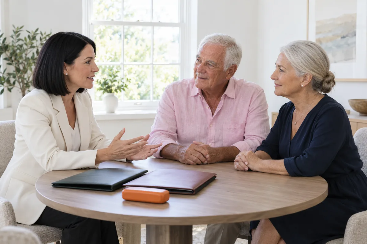 A financial adviser in a cream blazer talking with a retired couple at a round table with two closed folders in a bright meeting room