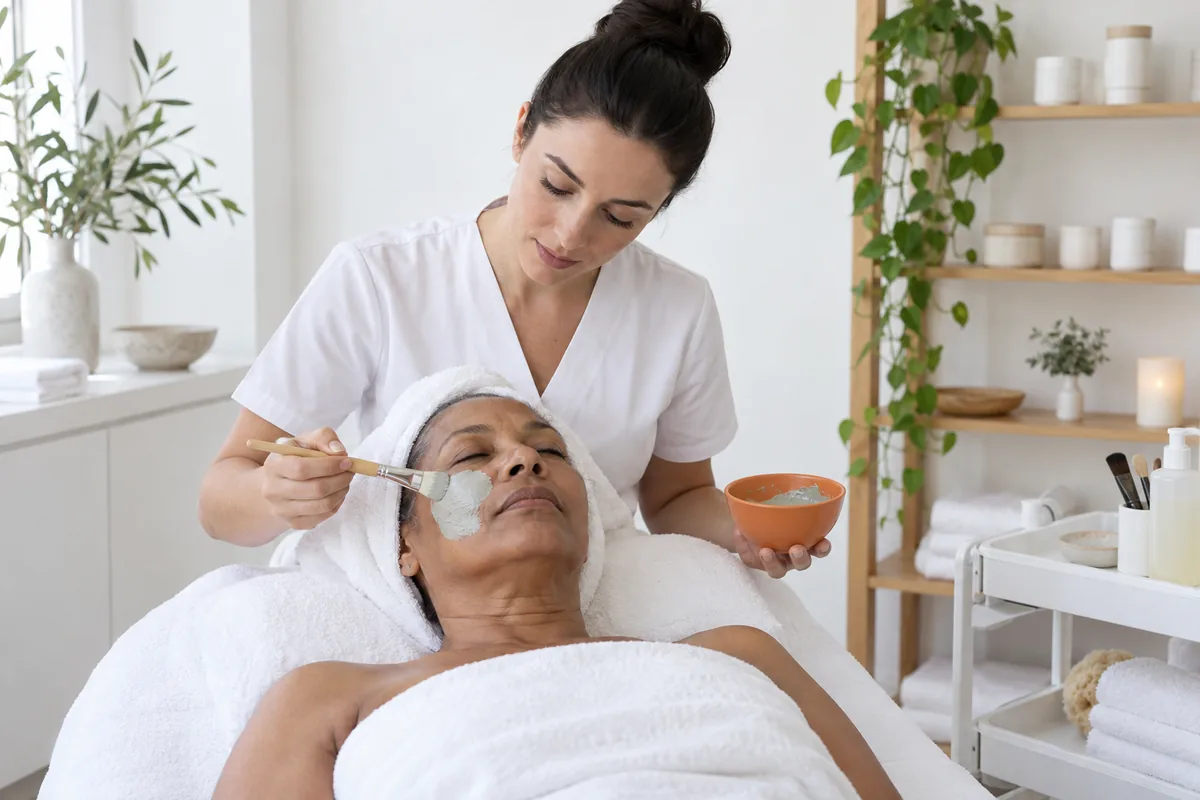 An aesthetician in a white tunic brushing a clay mask onto the face of a woman lying on a treatment bed with a towel around her hair