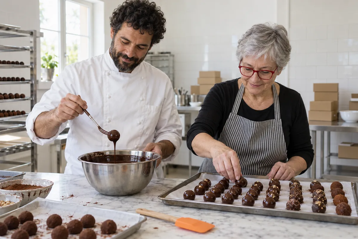 A chocolatier in a white jacket dipping a truffle in melted chocolate while a woman in a striped apron lines up finished truffles on a tray
