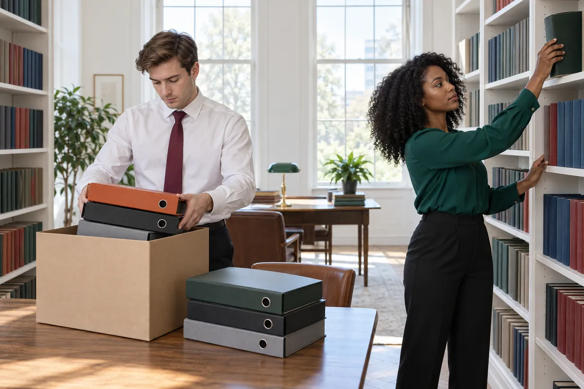 A woman reaching for a bound volume on a library shelf while a man in a shirt and tie packs ring binders into a plain box