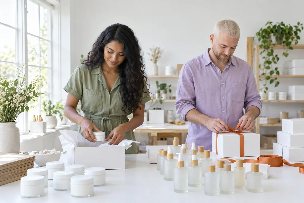 A woman placing plain cream jars into a tissue-lined gift box while a man ties a closed box with orange ribbon in a bright packing studio