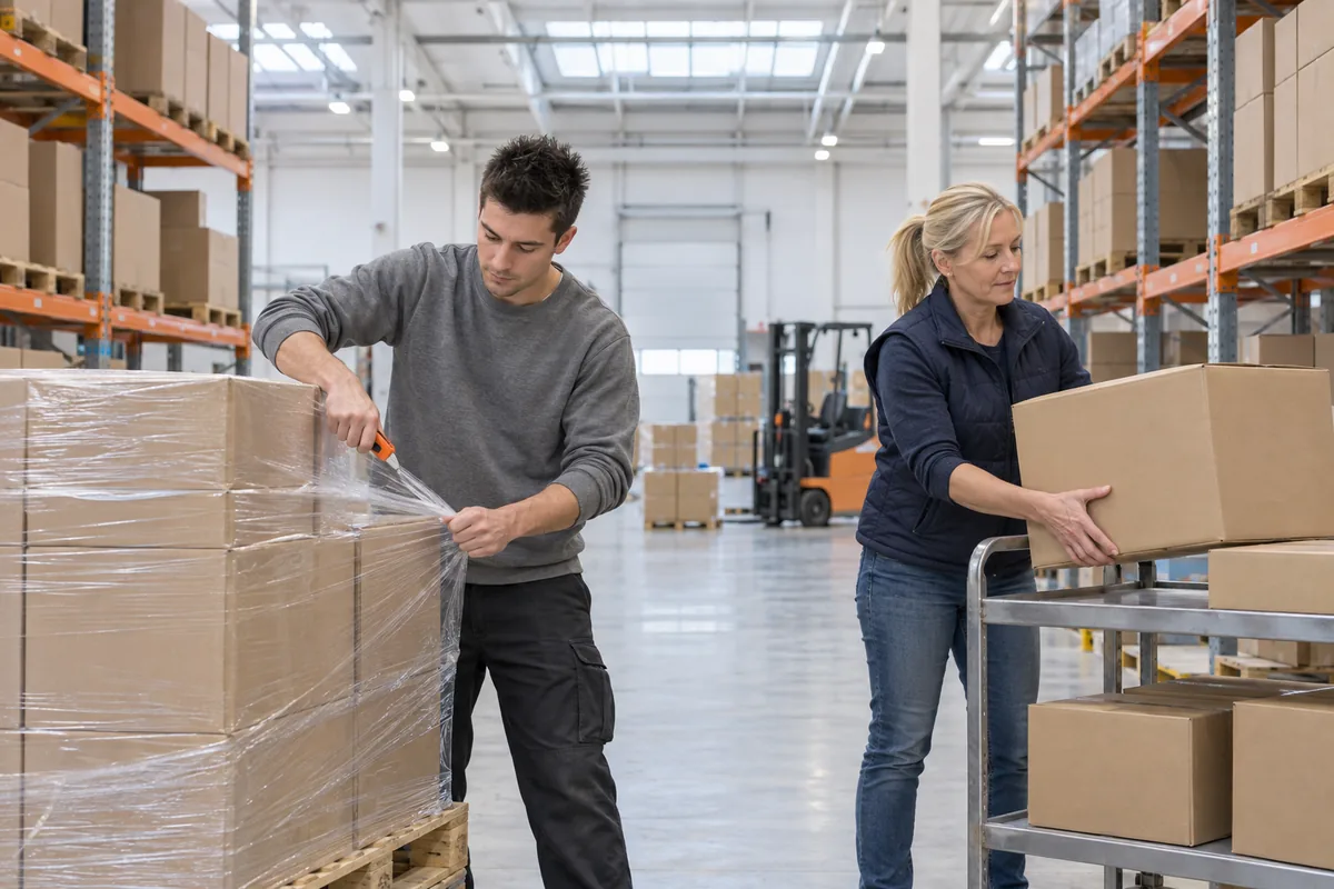 A warehouse worker cutting stretch wrap from a pallet of plain boxes with an orange cutter while a supervisor lifts a box onto a cart