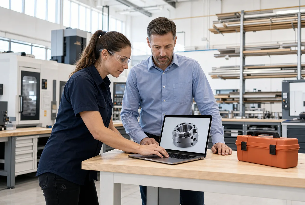 A manufacturing engineer in safety glasses and a plant manager reviewing a machined component on a laptop at a workbench in a machine shop