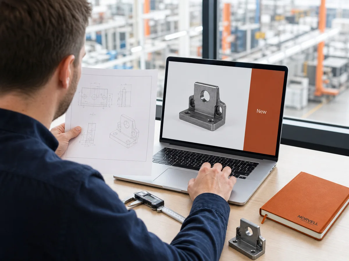 A procurement engineer at a desk comparing a printed technical drawing with a supplier product page on a laptop, with calipers and a machined bracket on the desk