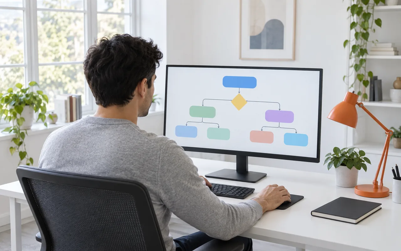 A man at a white desk looking at a wide monitor that shows a flow of coloured blocks joined by lines, an orange lamp beside him