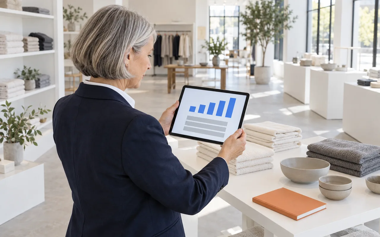 A woman in a navy blazer in a homeware showroom holding a tablet that shows a simple bar chart, folded towels on the table