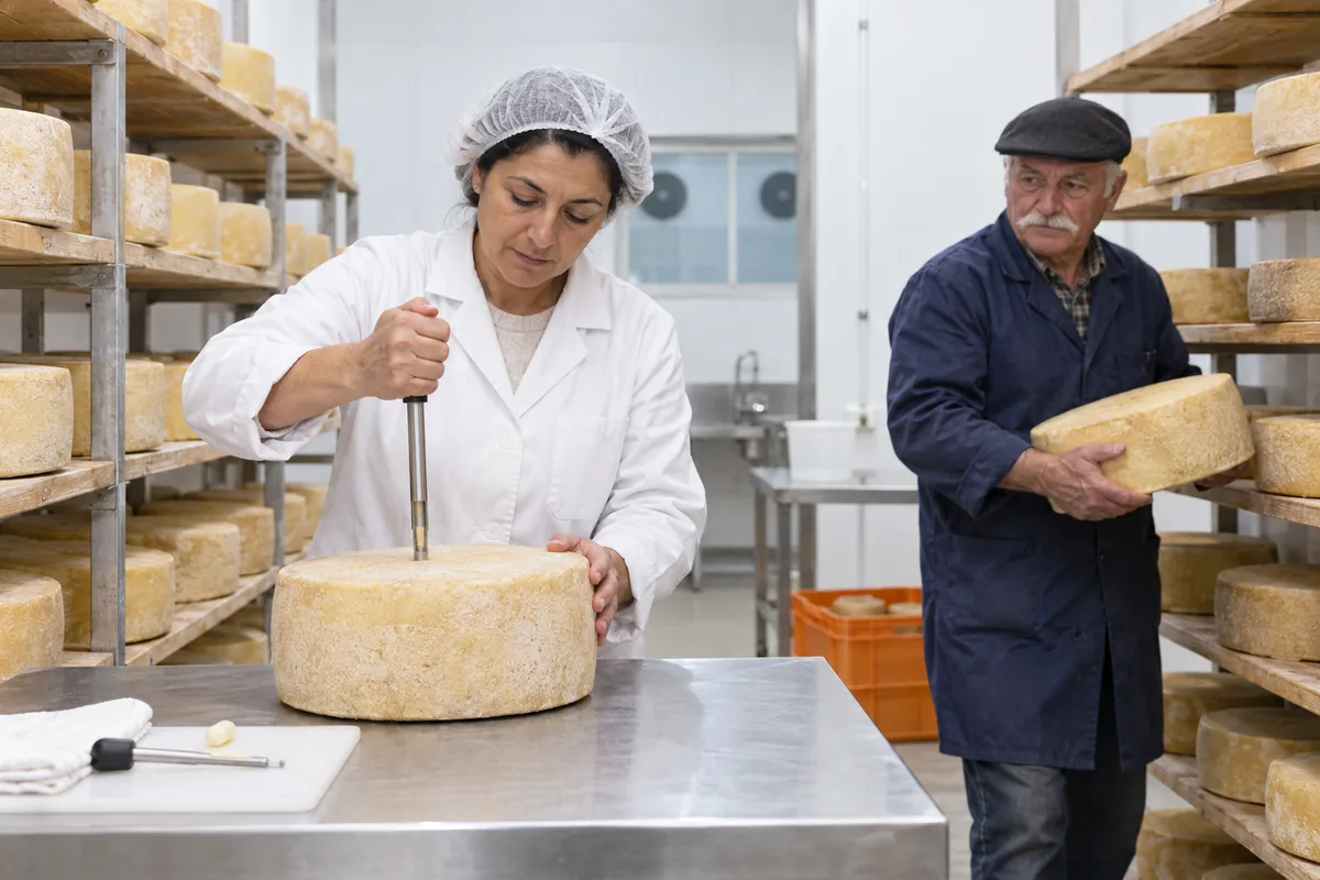 A woman in a white coat testing a large cheese wheel with a metal tool while a man in a blue smock carries another wheel in a cold room