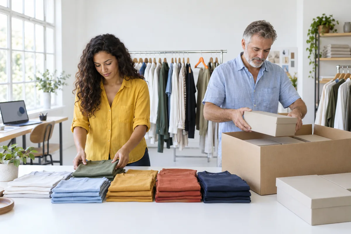 A merchandiser arranging folded shirts by colour on a long table while a man packs plain shoe boxes into a carton in a bright sample room