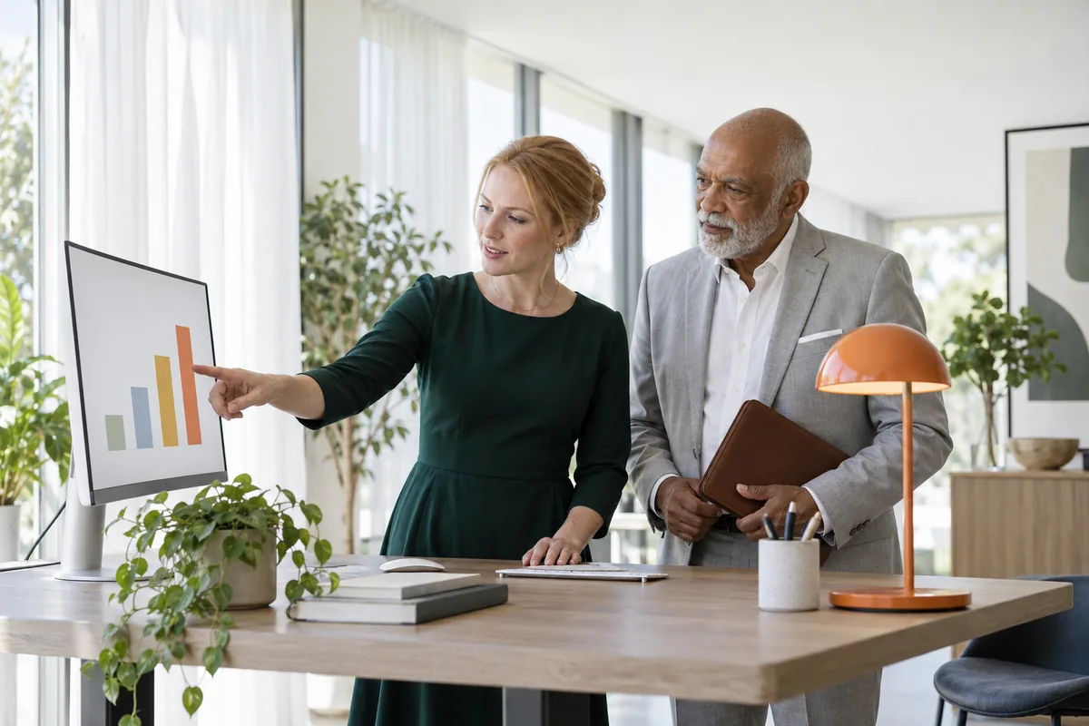 Two wealth advisers at a tall desk, a woman pointing at a monitor of simple bar shapes and an older man holding a closed leather folder