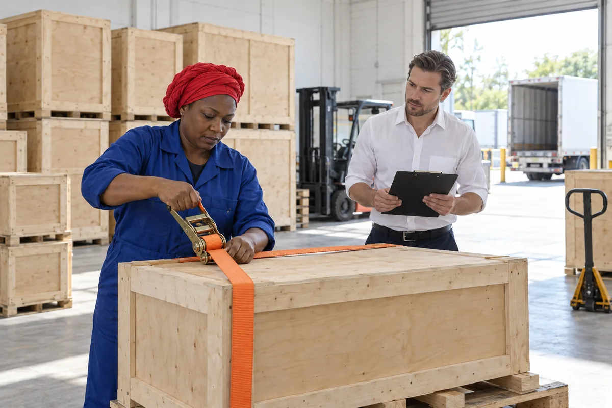 A freight handler tightening an orange ratchet strap around a plain wooden export crate while a man in a white shirt holds a clipboard