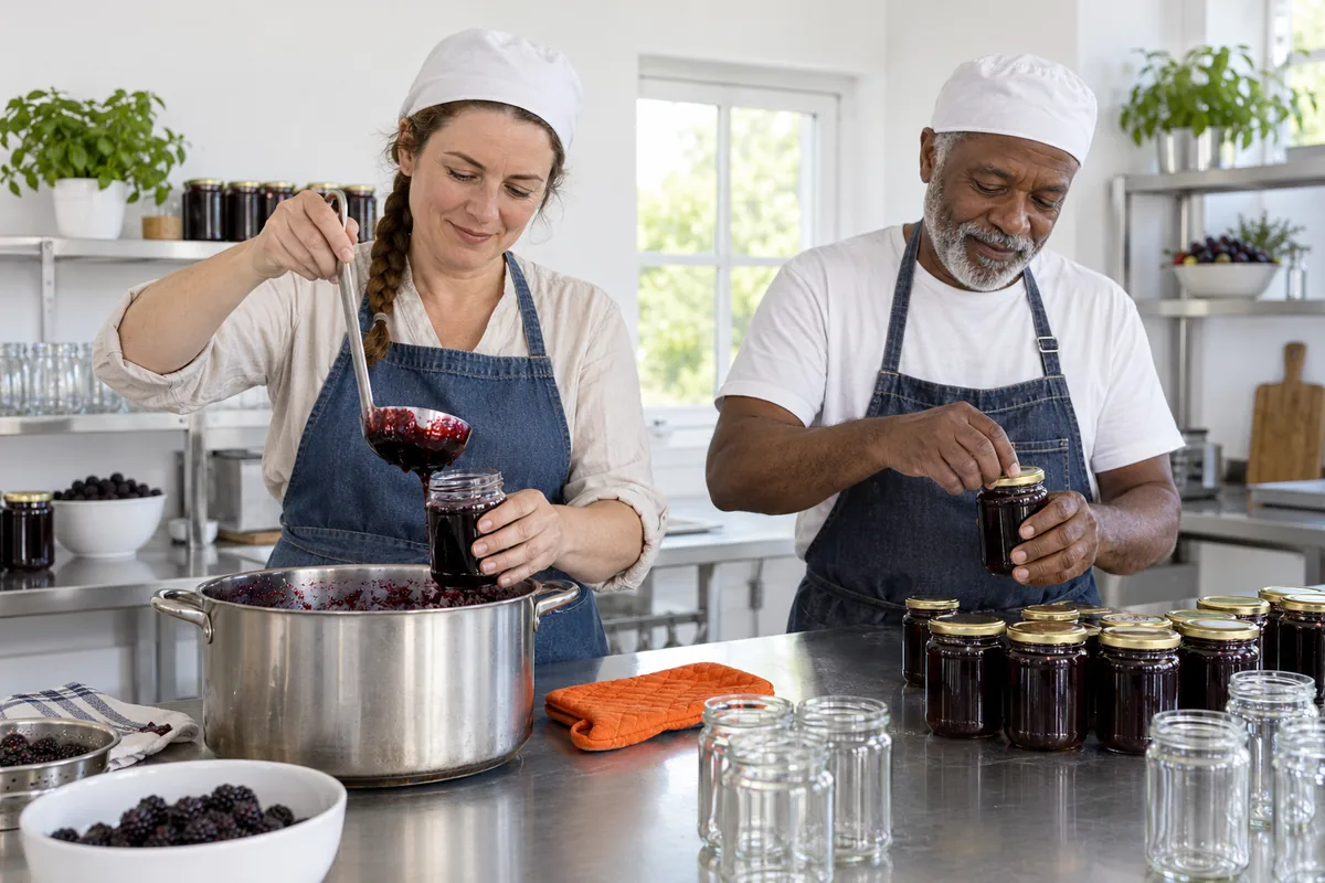 A woman in a denim apron ladling dark berry jam into plain glass jars while a man screws on the lids in a small bright kitchen