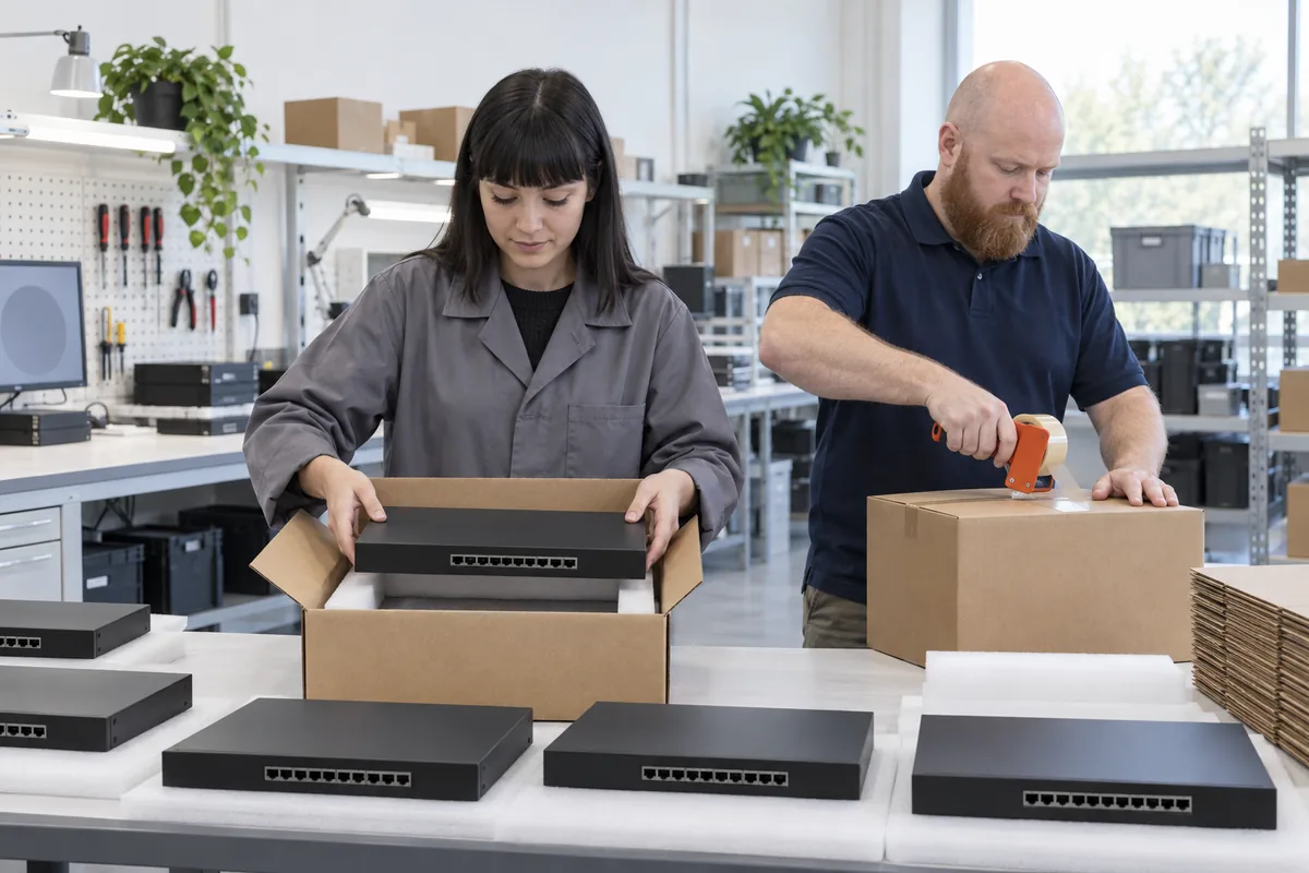 A technician lowering a plain black network device into a foam-lined box while a man seals another box with an orange tape dispenser