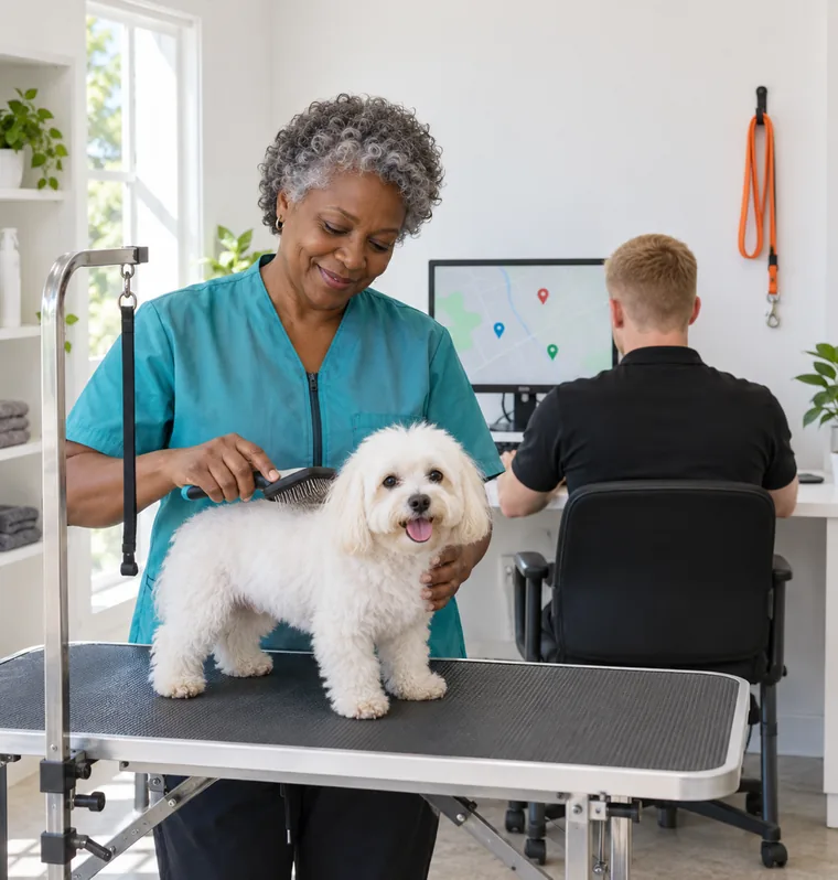 A groomer brushing a small white dog on a table while a man at a desk behind her looks at a monitor showing a pale map with pins