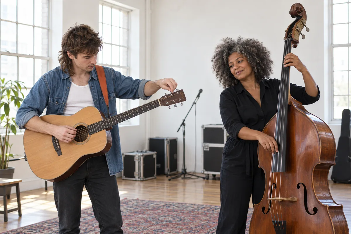 A guitarist tuning an acoustic guitar on an orange strap beside a woman playing an upright double bass in a bright rehearsal room