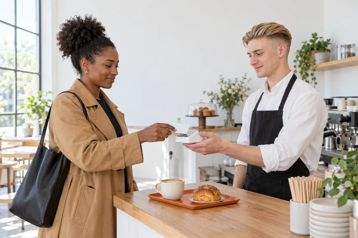 A customer in a trench coat tapping a plain card on a card reader held by a barista across a cafe counter, a cup on an orange tray