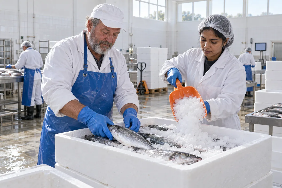 A fishmonger in a blue apron laying whole fish on ice in a plain white box while a woman adds more ice with an orange scoop