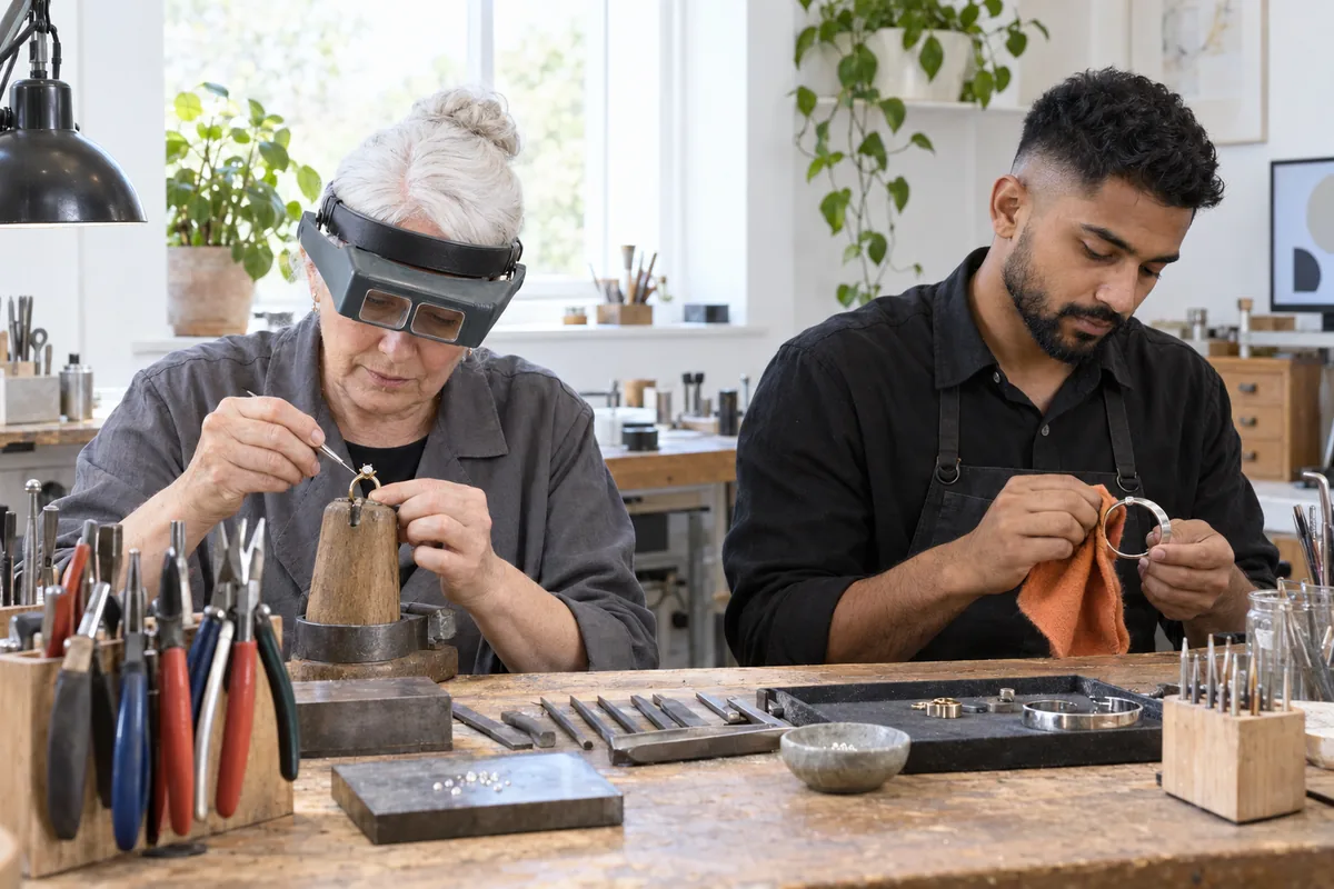 A goldsmith in a magnifying visor setting a stone into a gold ring while a man polishes a silver bracelet with an orange cloth