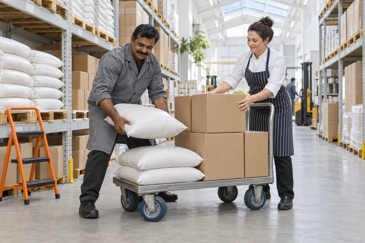 A wholesaler lifting a plain sack of rice onto a flatbed trolley while a chef in a striped apron steadies a stack of plain cartons