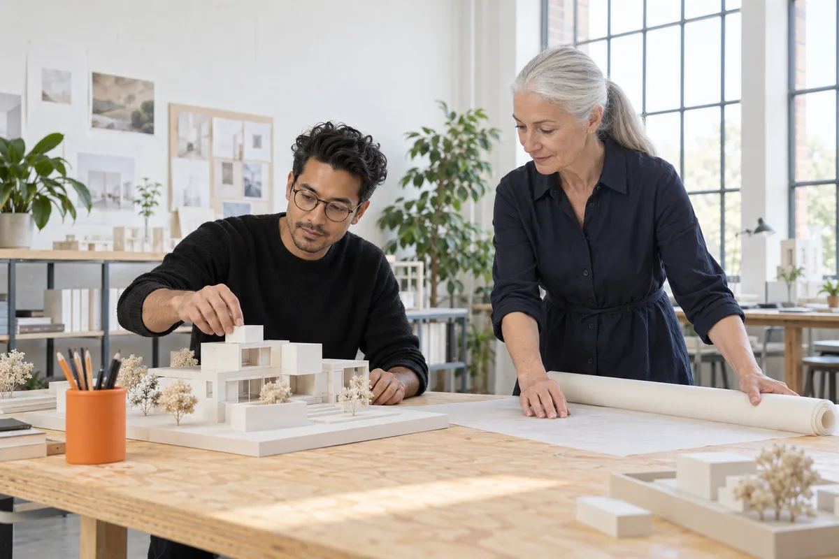 An architect placing a block on a white scale model of a building while a woman unrolls tracing paper beside it in a bright studio