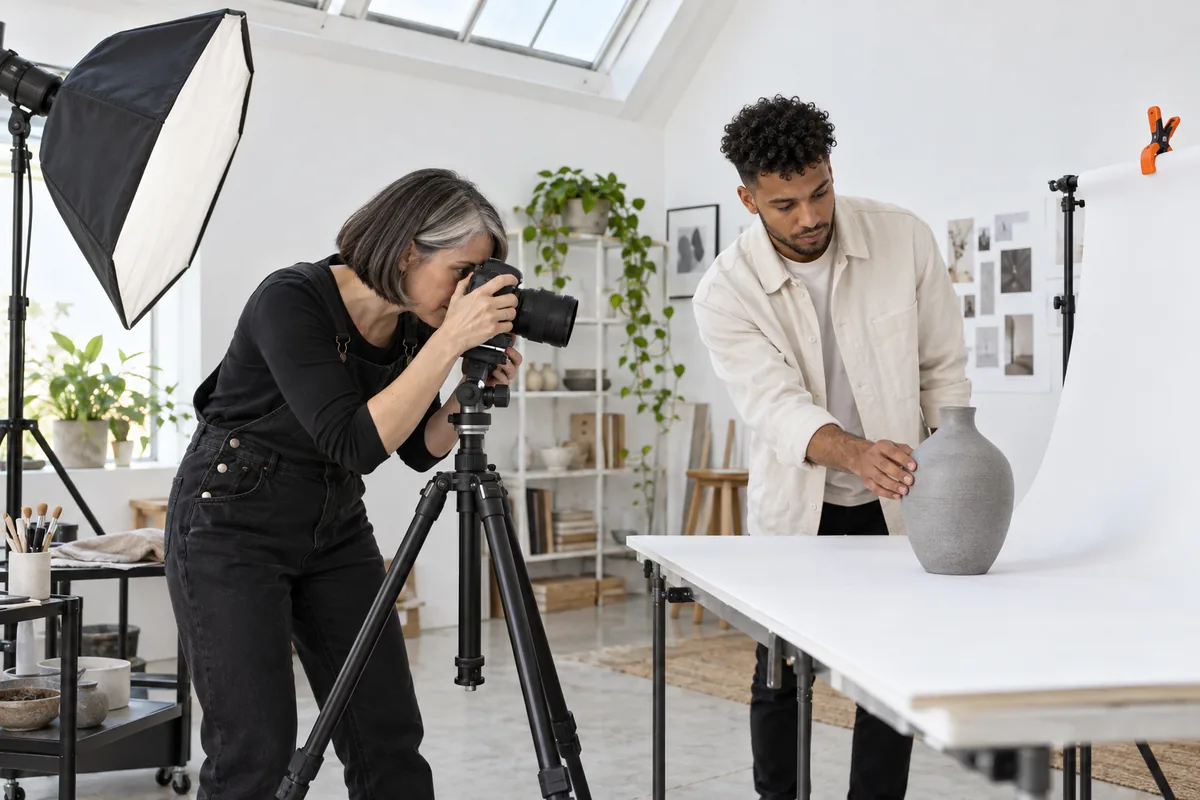 A photographer aiming a tripod camera at a grey ceramic vase on a white paper backdrop while a young man adjusts the vase by hand