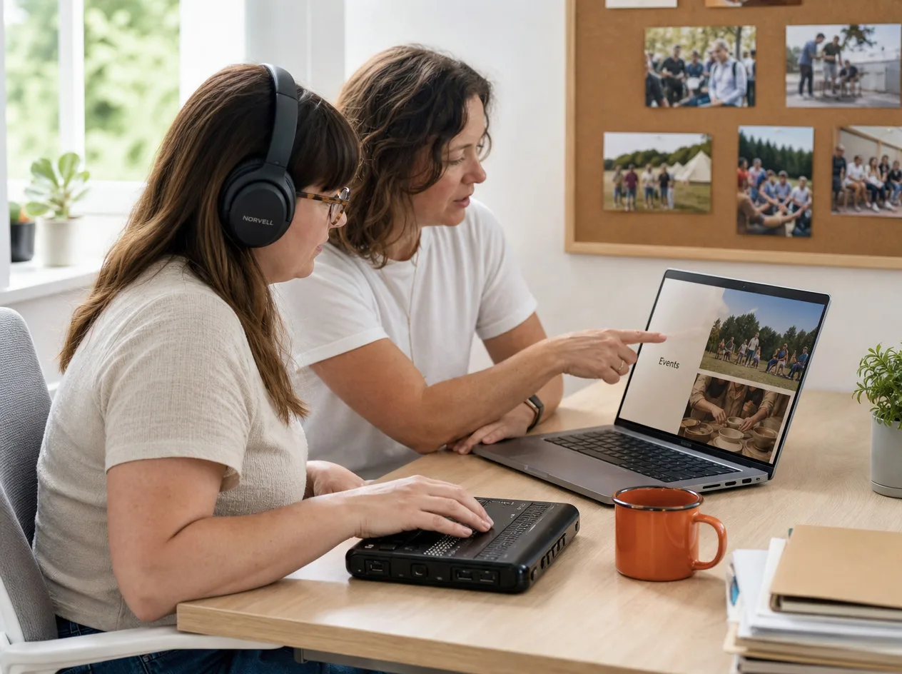 Two colleagues at a desk, one reading with a refreshable braille display while the other points at a page on a laptop screen