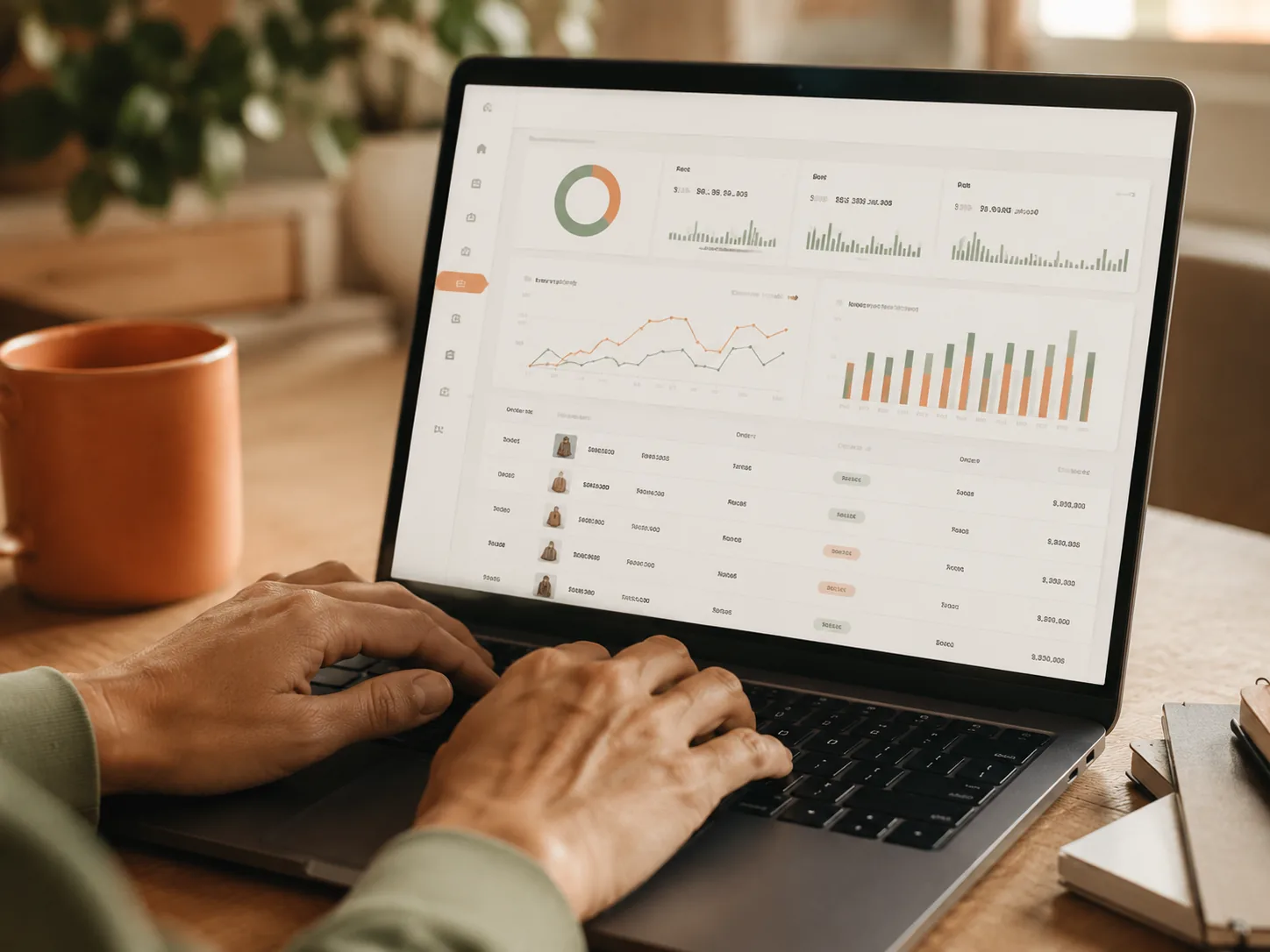 Hands on a laptop showing a clean multi-marketplace orders dashboard