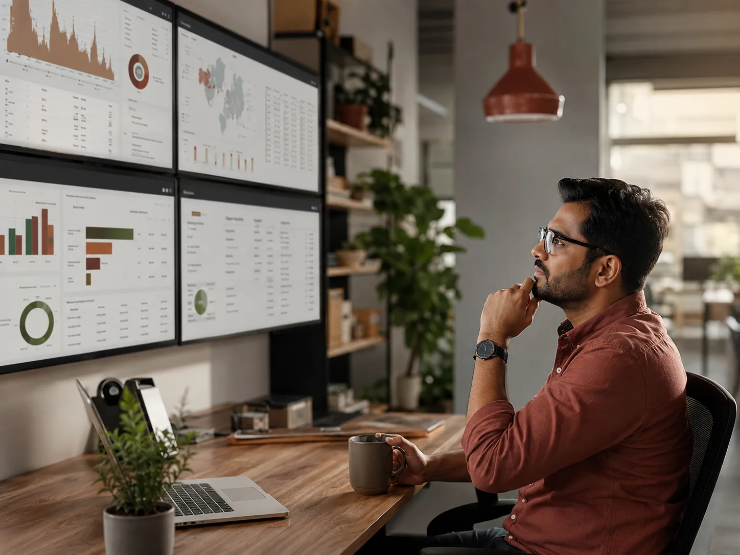 Operations manager reviewing multi-store inventory dashboards on a wall of screens