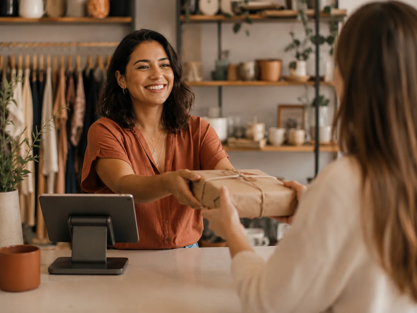 Store associate at a point-of-sale tablet handing a wrapped order to a customer in a boutique