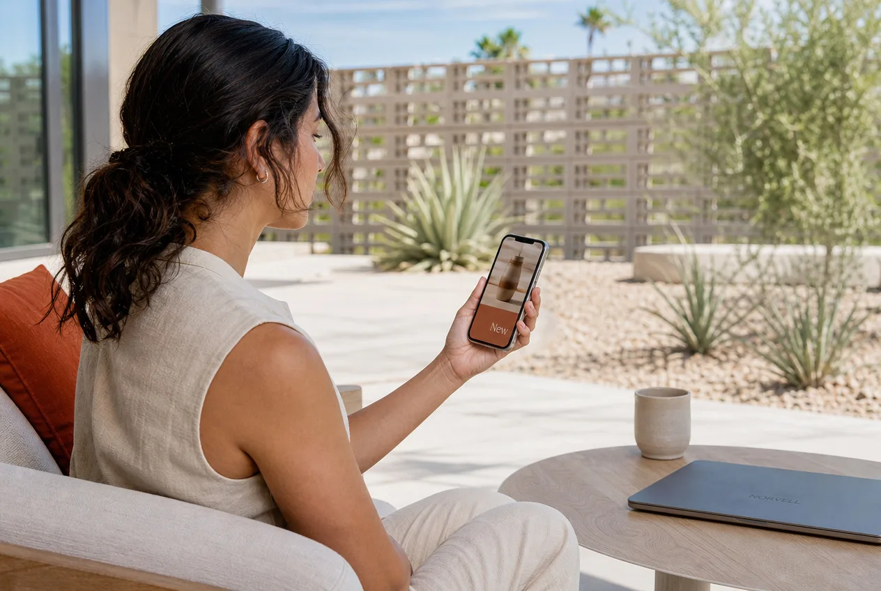 A woman on a shaded desert patio in Scottsdale browsing a shop page on her phone in bright daylight