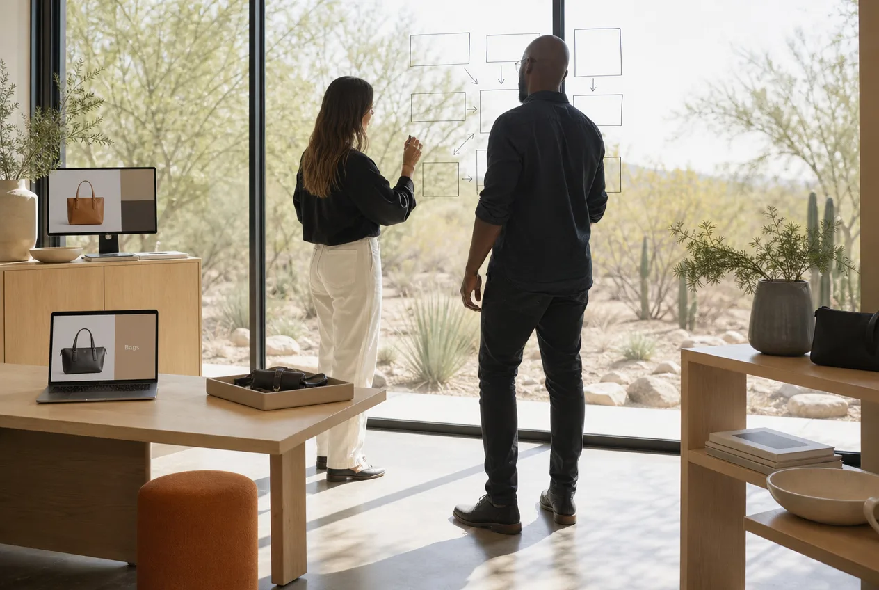 Two colleagues planning a website structure by drawing linked boxes on a glass wall, desert landscaping visible outside
