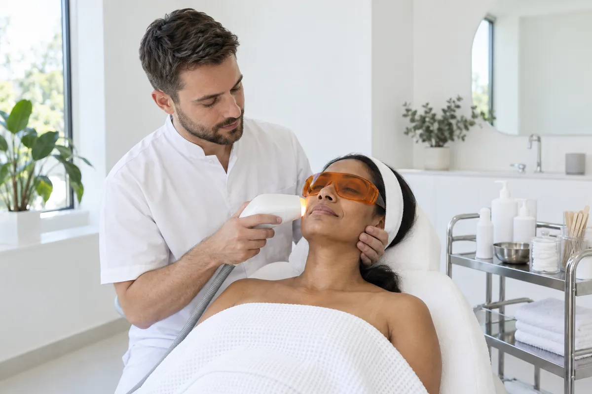 A practitioner in a white tunic holding a light wand to the cheek of a woman wearing orange protective goggles in a treatment chair