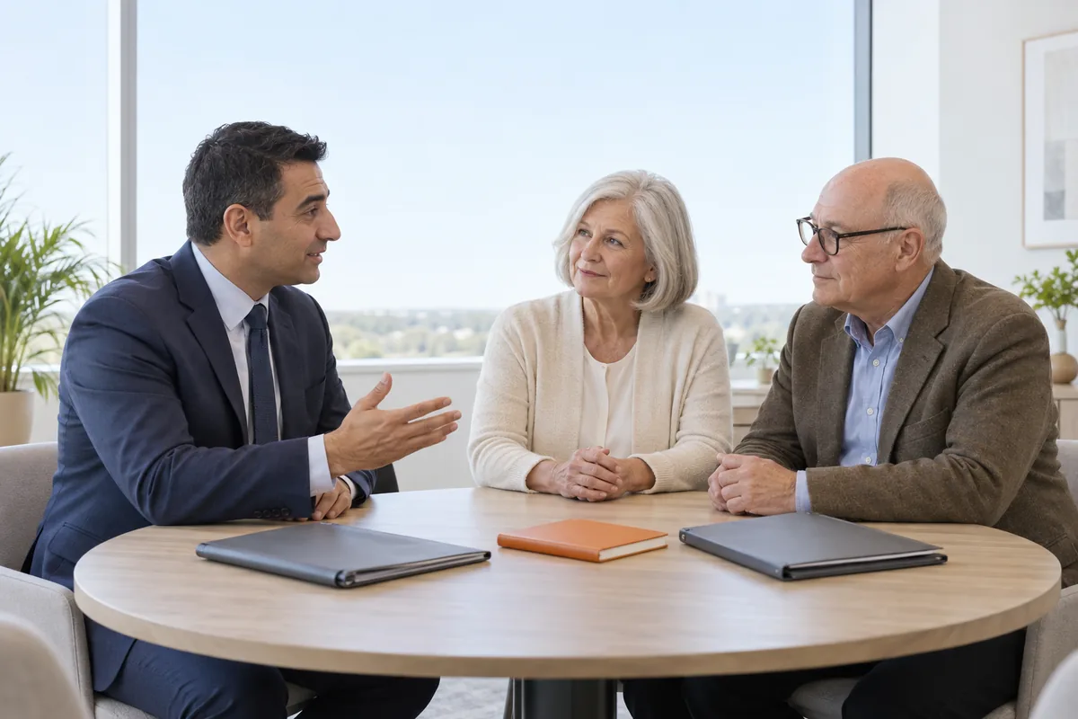 A financial adviser in a navy suit talking with an older couple at a round table with closed folders in a bright office