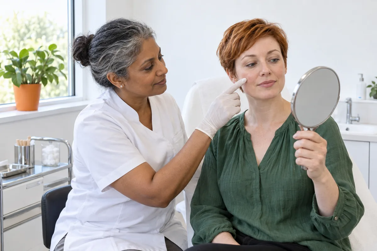 A clinician in a white tunic pointing toward the cheek of a seated woman who holds a round hand mirror in a bright consulting room