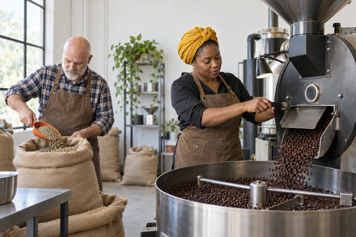 A woman in an apron releasing roasted coffee beans from a drum roaster into a cooling tray while a man scoops green beans from a sack