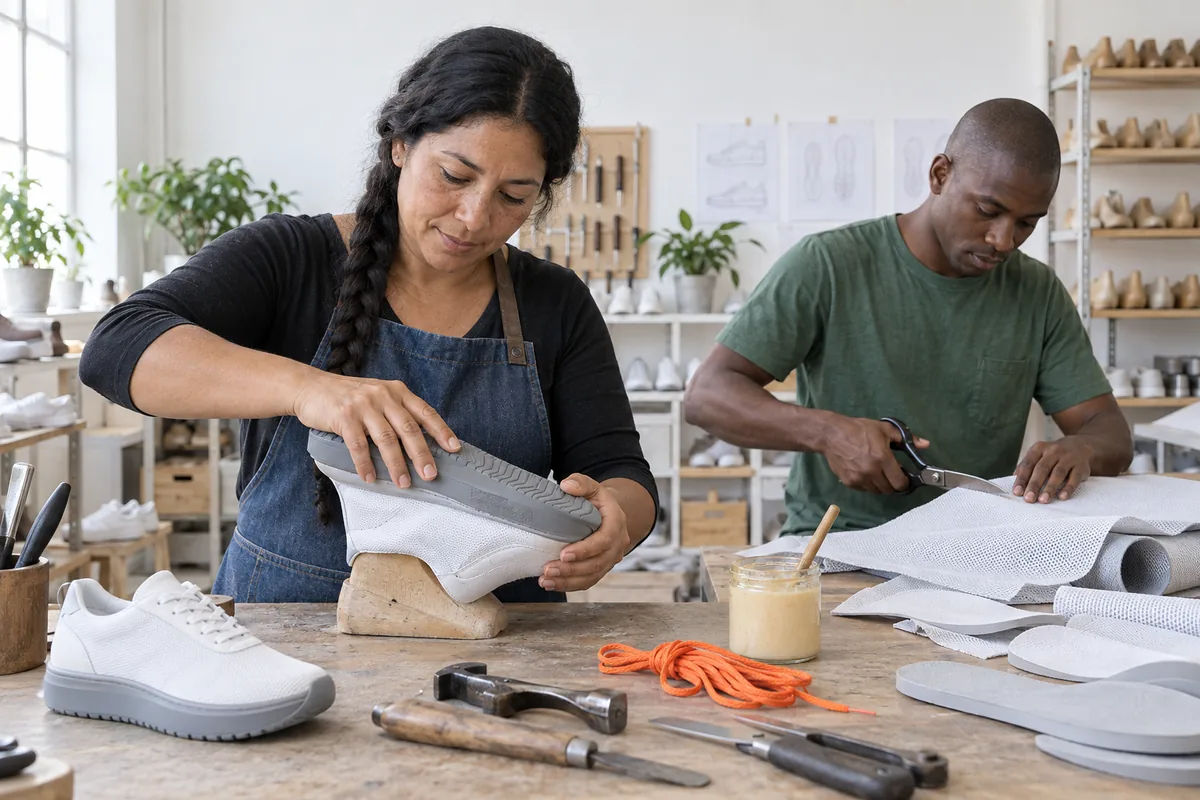 A woman in a denim apron pressing a rubber sole onto a plain white running shoe while a man cuts mesh fabric at a workshop bench